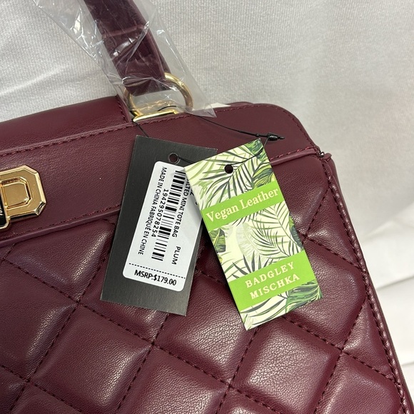 Badgley Mischka  plum  and gold vegan leather quilted tote bag purse crossbody - Picture 4 of 15